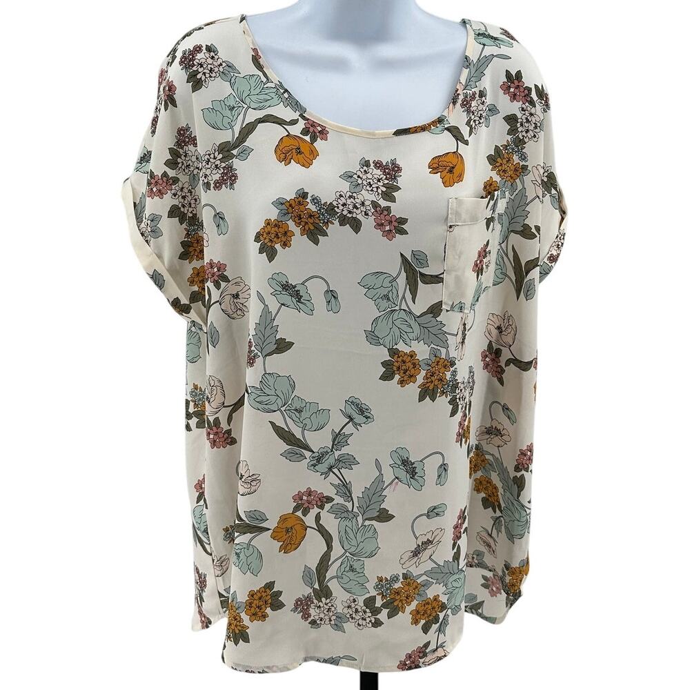 Maurices Dress Blouse WMNS L Pullover Floral Cream Short Sleeve Top Round Neck